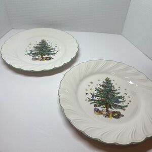 Set Of 2 Nikko Happy Holidays 10.5” Plate Christmas Tree Swirl Scalloped Edge